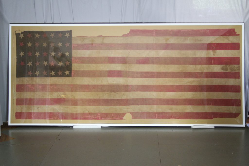 29th Missouri flag after treatment and mounting. The flag is a civil war flag owned by NPS Wilson's Creek National Battlefield