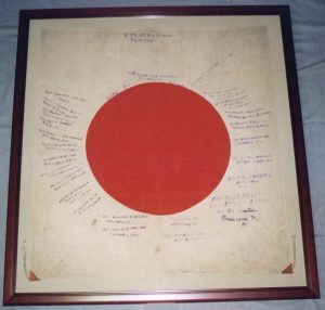 Japanese Flag from WWII conserved and mounted by textile conservator and flag restoration expert Gwen Spicer of Spicer Art Conservation located in upstate NY and serving clients in the United States and abroad with historic flag conservation, restoration, repair and framing and mounting for display